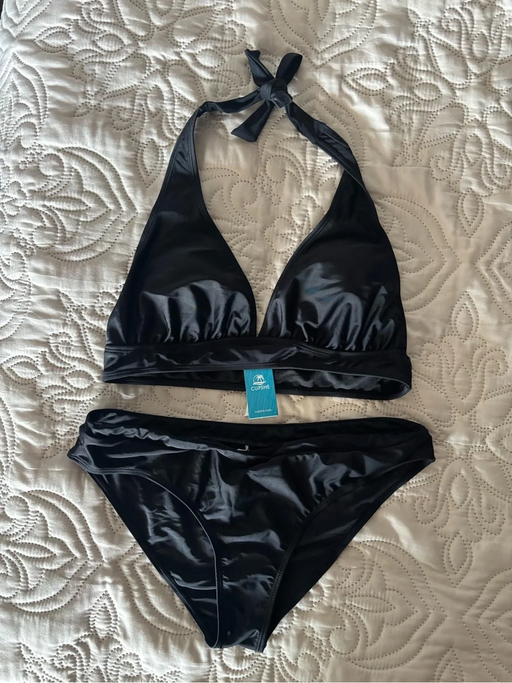 Cupshe Black Halter Shine Bikini Set